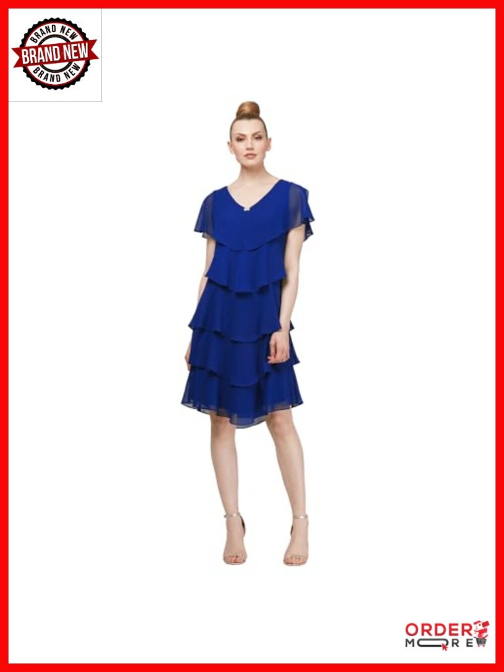 Tiered Chiffon Cocktail Dress with Rhinestone Brooch V-Neck Capelet Sleeves
